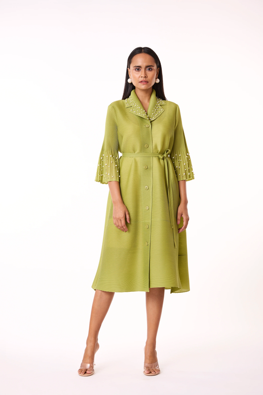 PEARLED SHIRT DRESS - PEAR GREEN - SCSG 43.10
