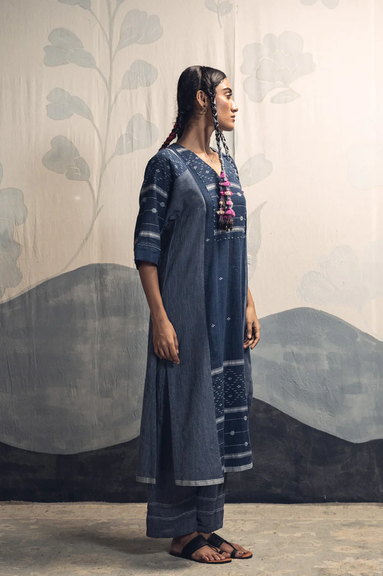 Natural indigo hand woven khadi cotton Erica jamdani v-neck kurta