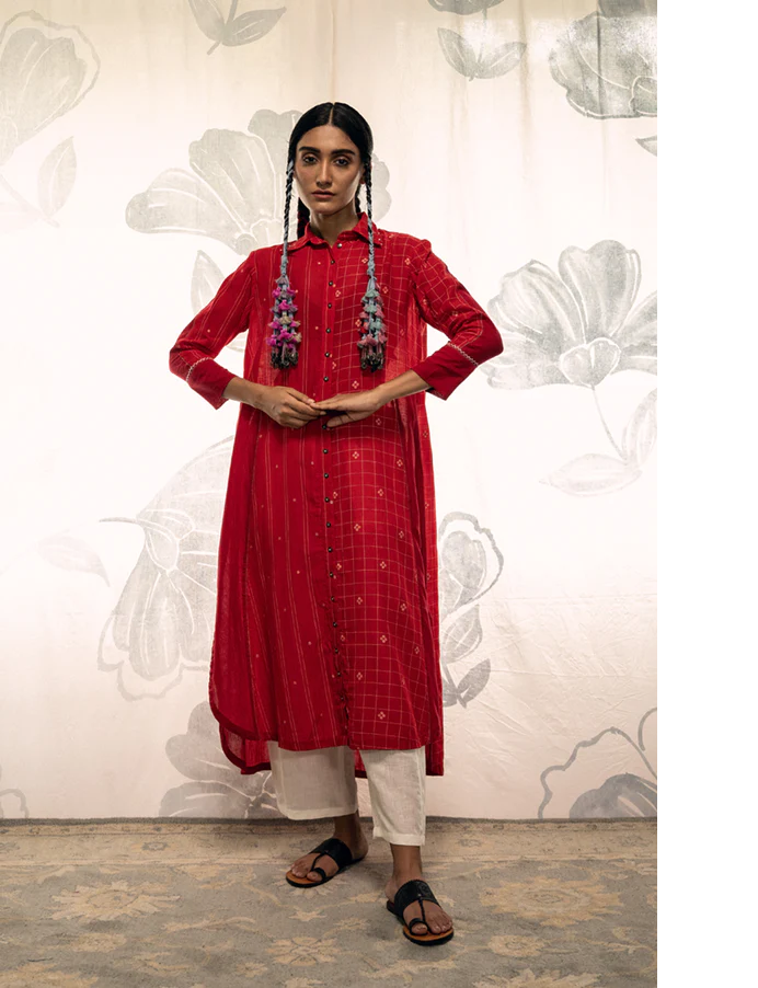 Red hand woven khadi cotton jamdani Jade long shirt